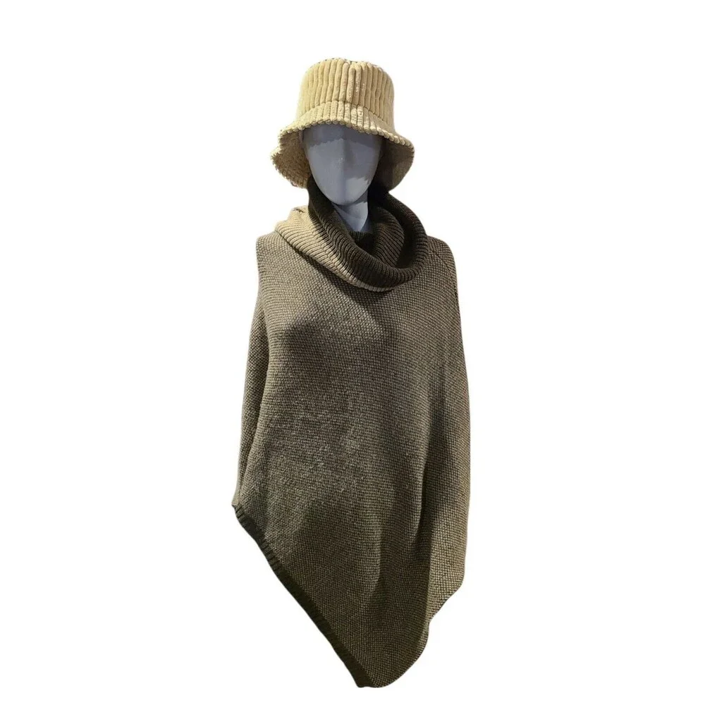 Cocogio Womens Knit Cowl Neck Poncho Sweater Taupe One Size